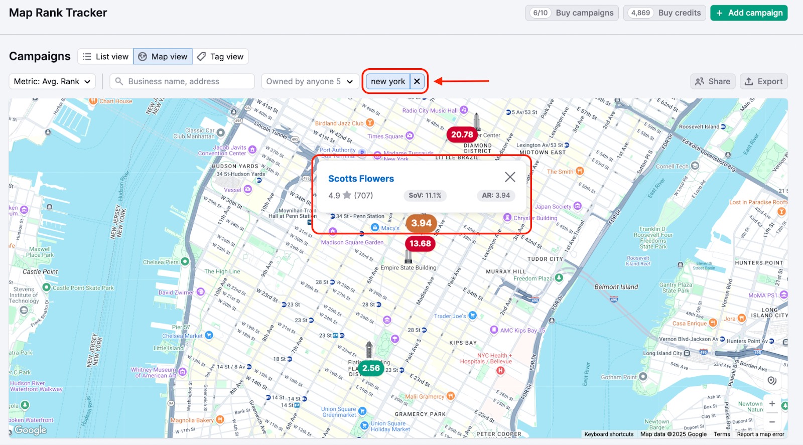 Map Rank Tracker Map view for campaigns tagged by geo area 